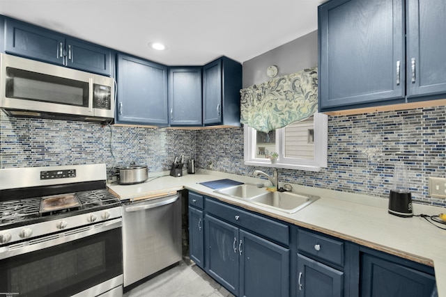 kitchen with sink, blue cabinets, and appliances with stainless steel finishes