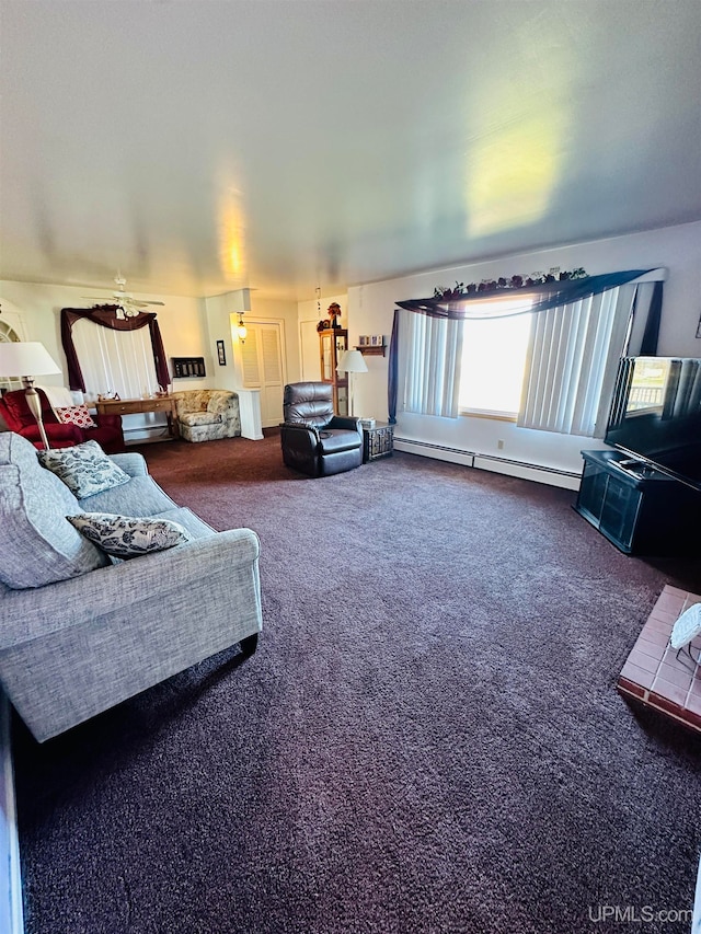 living room featuring ceiling fan, a baseboard radiator, and carpet floors