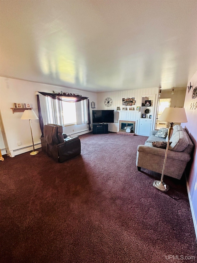 carpeted living room featuring baseboard heating