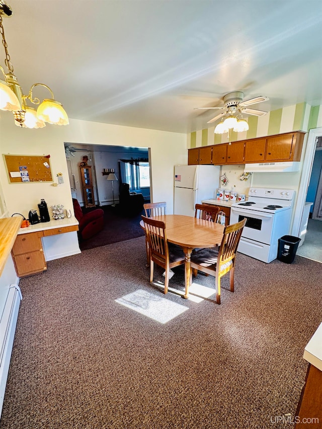 carpeted dining space with a baseboard heating unit and ceiling fan with notable chandelier