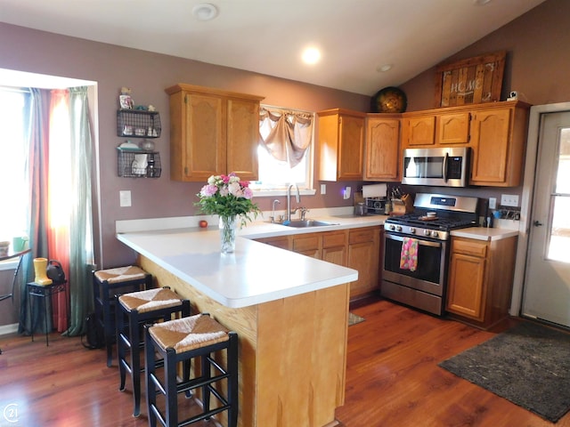 kitchen with stainless steel appliances, dark hardwood / wood-style flooring, sink, a breakfast bar, and lofted ceiling