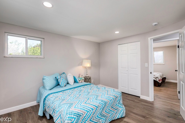 bedroom with multiple windows, a closet, and dark hardwood / wood-style flooring