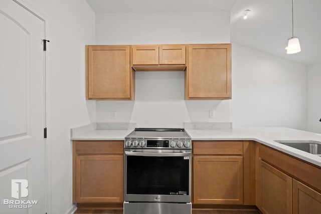 kitchen featuring decorative light fixtures, dark hardwood / wood-style floors, stainless steel electric range oven, sink, and lofted ceiling