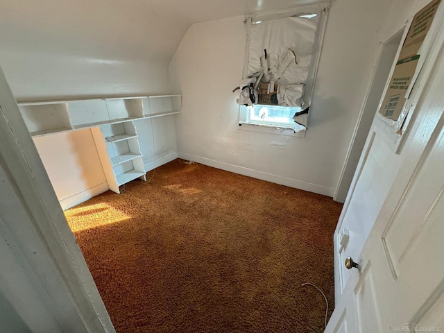 spacious closet with lofted ceiling and dark carpet