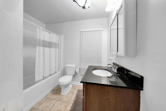 full bathroom with tile patterned floors, vanity, toilet, and shower / bathtub combination with curtain