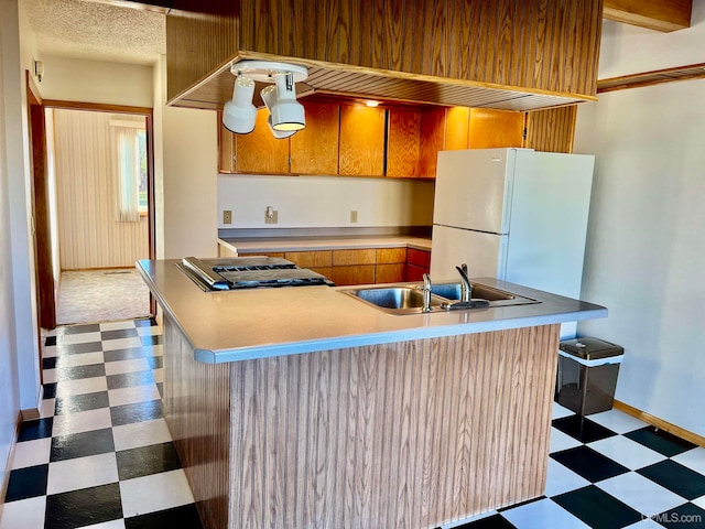 kitchen with stainless steel gas cooktop, sink, white fridge, and a textured ceiling