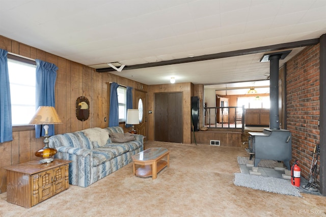 living room with plenty of natural light, wooden walls, and a wood stove