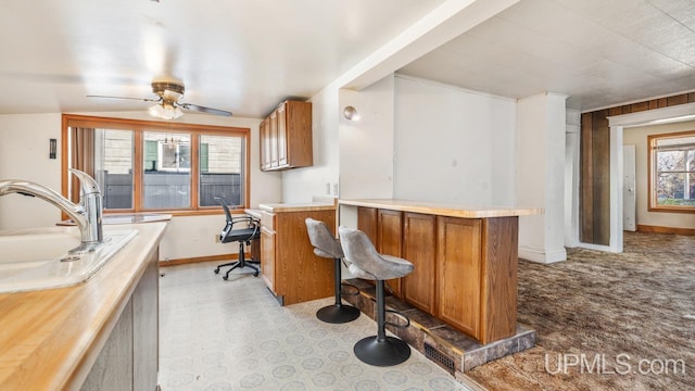 kitchen with light carpet, sink, built in desk, and ceiling fan