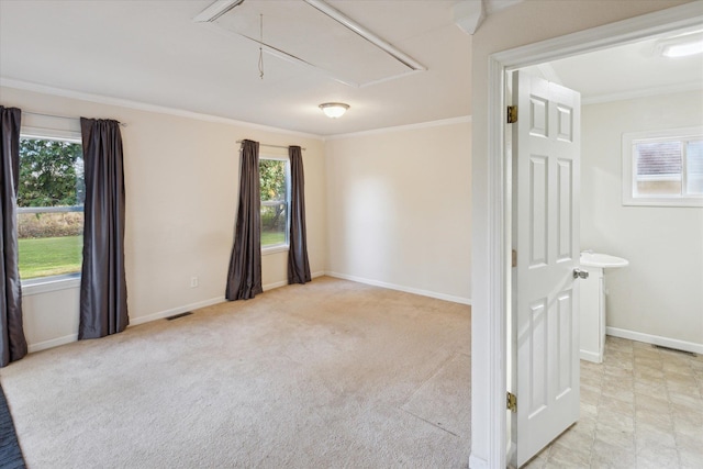 empty room with light carpet and crown molding