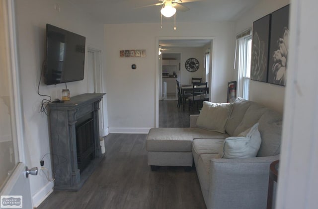 living room with ceiling fan and dark hardwood / wood-style floors