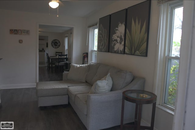 living room with dark wood-type flooring and ceiling fan