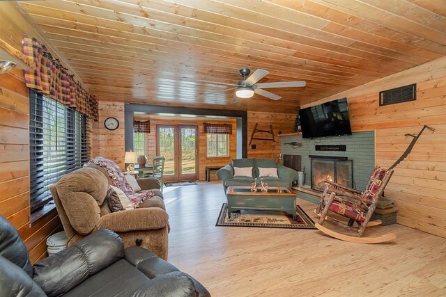 living room featuring hardwood / wood-style floors, wooden ceiling, and wood walls