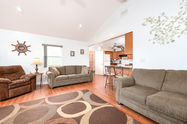 living room with high vaulted ceiling and light wood-type flooring