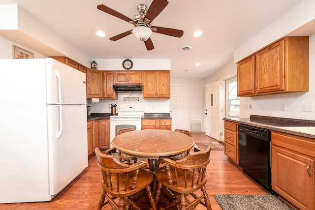 kitchen with ceiling fan, white appliances, and light wood-type flooring