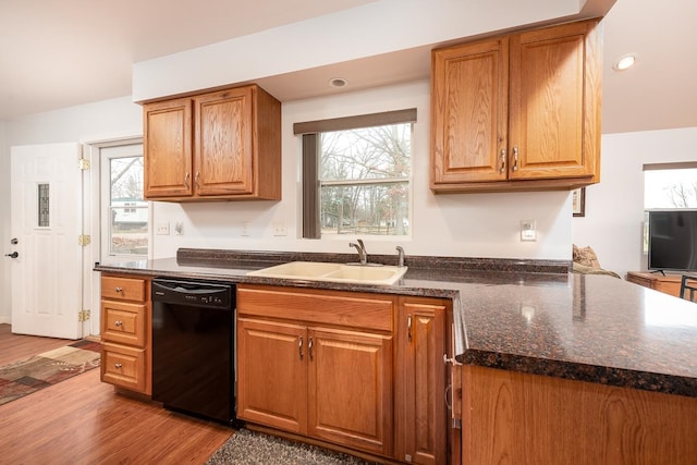 kitchen featuring light hardwood / wood-style flooring, dark stone countertops, dishwasher, and sink