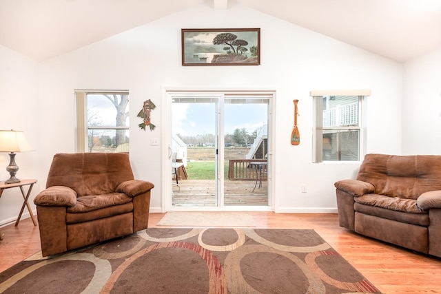 interior space featuring a healthy amount of sunlight, vaulted ceiling, and light wood-type flooring