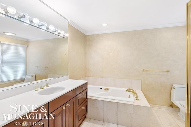 bathroom featuring ornamental molding, vanity, tiled tub, tile patterned flooring, and toilet