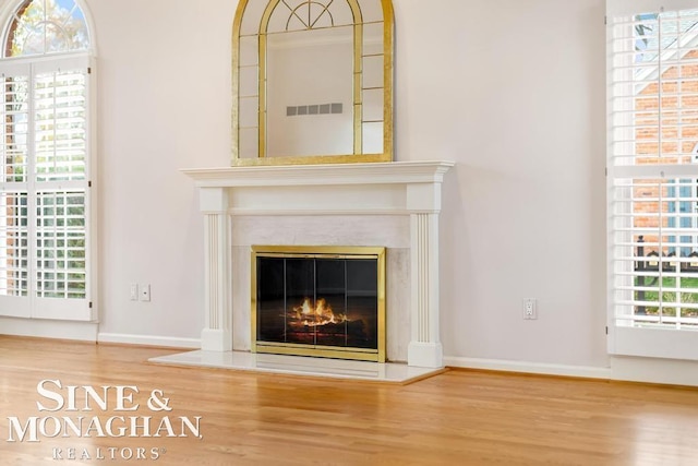 interior details featuring a fireplace and hardwood / wood-style flooring