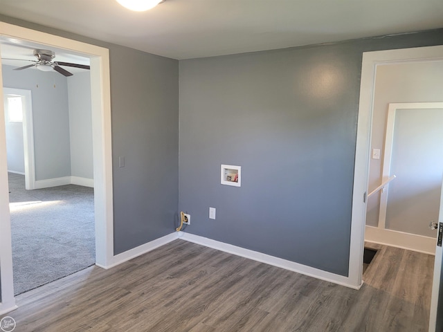 washroom with dark hardwood / wood-style floors, ceiling fan, and hookup for a washing machine