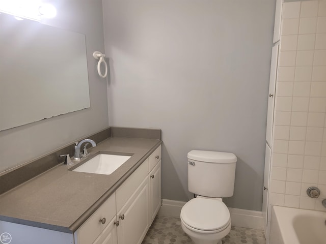 full bathroom with tile patterned flooring, vanity, separate shower and tub, and toilet