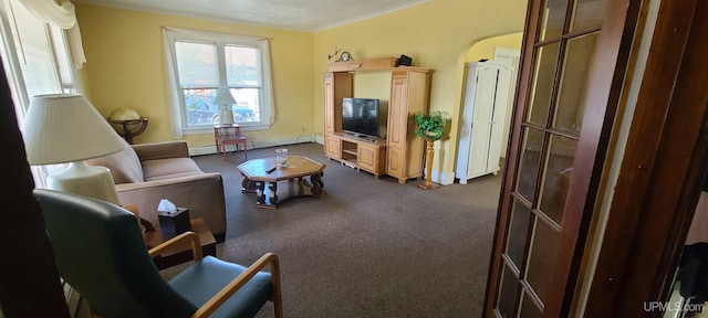 living room with dark carpet, crown molding, and a baseboard radiator