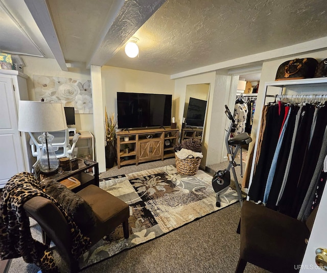 carpeted living room with a textured ceiling