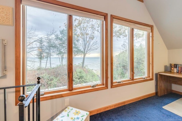 bonus room with carpet flooring, a wealth of natural light, a water view, and vaulted ceiling