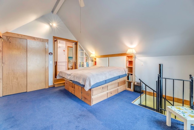 bedroom with dark carpet, ceiling fan, and lofted ceiling