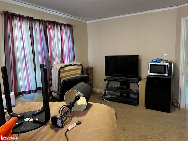 interior space featuring ornamental molding, carpet, and radiator heating unit