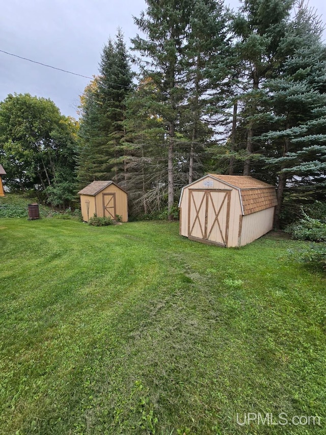 view of yard featuring a storage shed