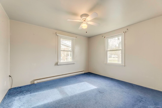 carpeted empty room with ceiling fan and baseboard heating