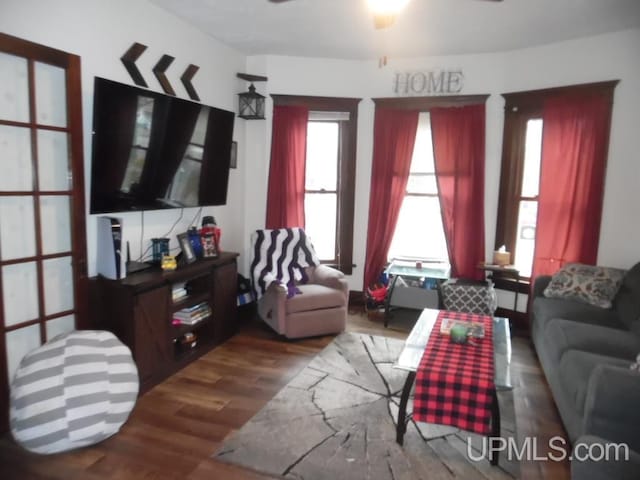 living room with ceiling fan and dark wood-type flooring