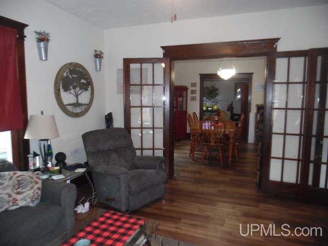 living room with french doors and dark hardwood / wood-style flooring