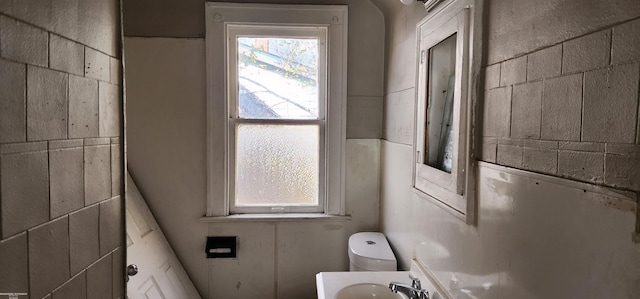 9534 Littlefield St, Detroit, MI 48227 - bathroom with toilet, a sink, and concrete block wall
