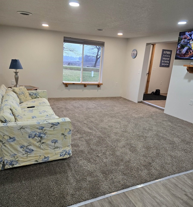 living room featuring a textured ceiling and hardwood / wood-style flooring