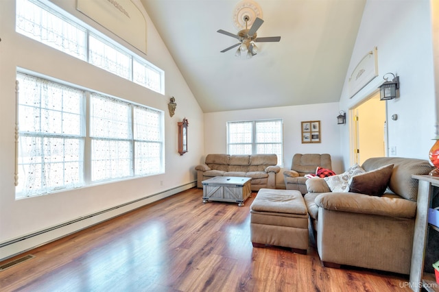 living room featuring hardwood / wood-style floors, high vaulted ceiling, baseboard heating, and ceiling fan