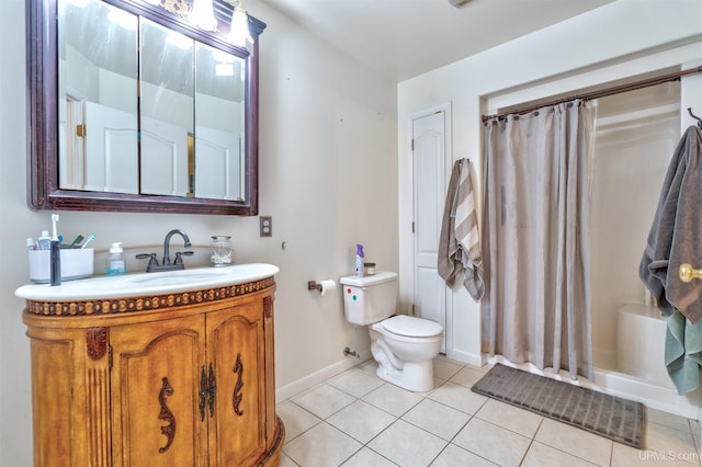 bathroom with tile patterned flooring, vanity, toilet, and a shower with shower curtain