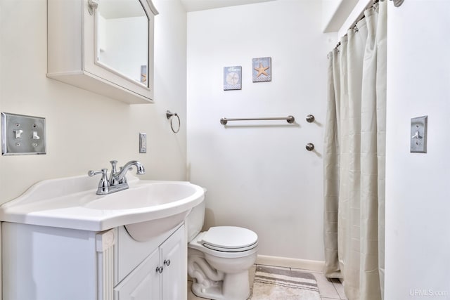 bathroom with tile patterned flooring, vanity, toilet, and a shower with shower curtain