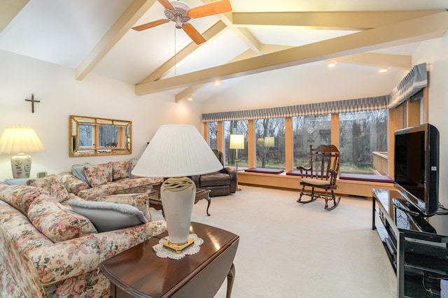 living room featuring vaulted ceiling with beams, ceiling fan, and light colored carpet