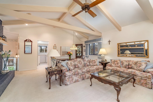 living room featuring light carpet, high vaulted ceiling, ceiling fan, and beamed ceiling