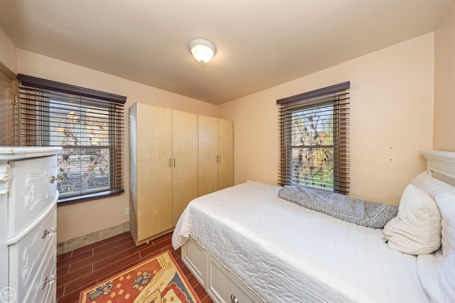 bedroom with dark hardwood / wood-style flooring and a closet