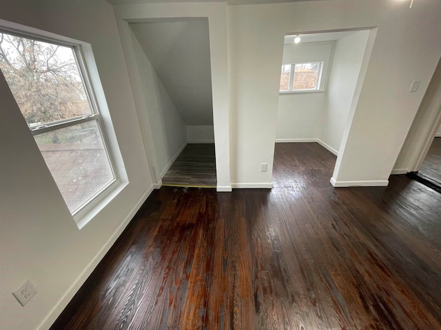 bonus room with dark hardwood / wood-style flooring and a healthy amount of sunlight