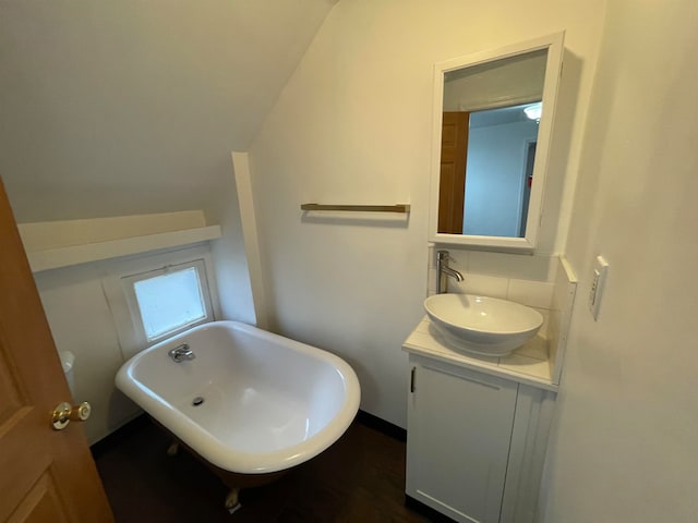 bathroom with vanity and a washtub