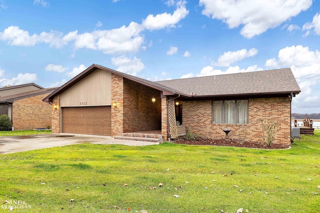 ranch-style home featuring central air condition unit, a front lawn, and a garage