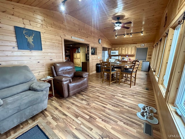 living room featuring ceiling fan, wooden ceiling, wood walls, light hardwood / wood-style floors, and lofted ceiling