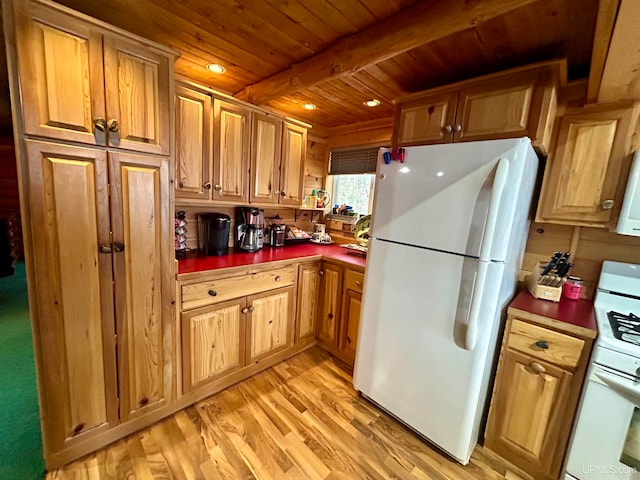 kitchen featuring beam ceiling, white appliances, light hardwood / wood-style flooring, and wood ceiling