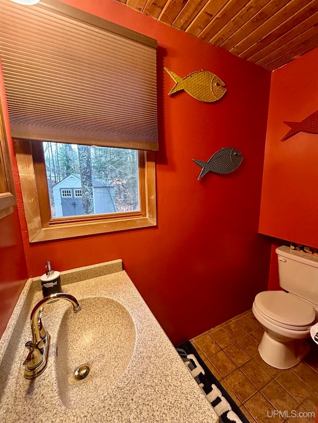 bathroom with tile patterned floors, vanity, wood ceiling, and toilet