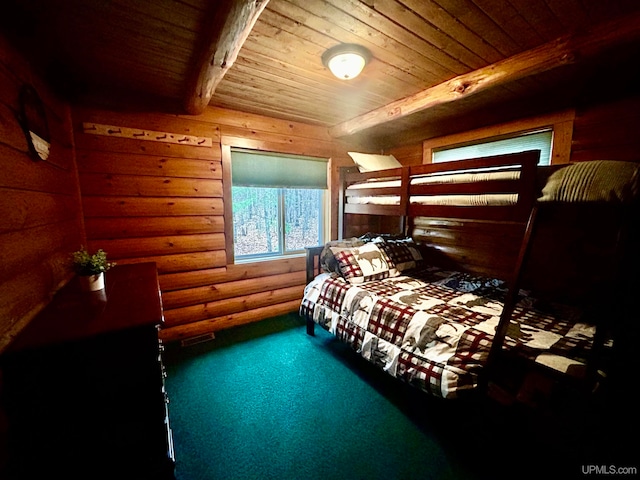 carpeted bedroom with beamed ceiling, wood ceiling, and log walls