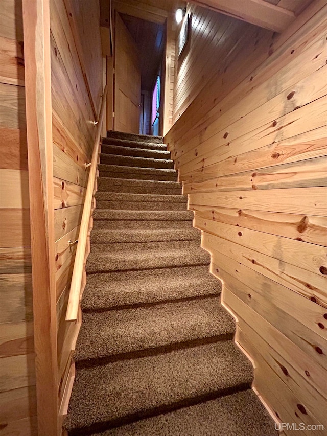 stairs featuring wood walls