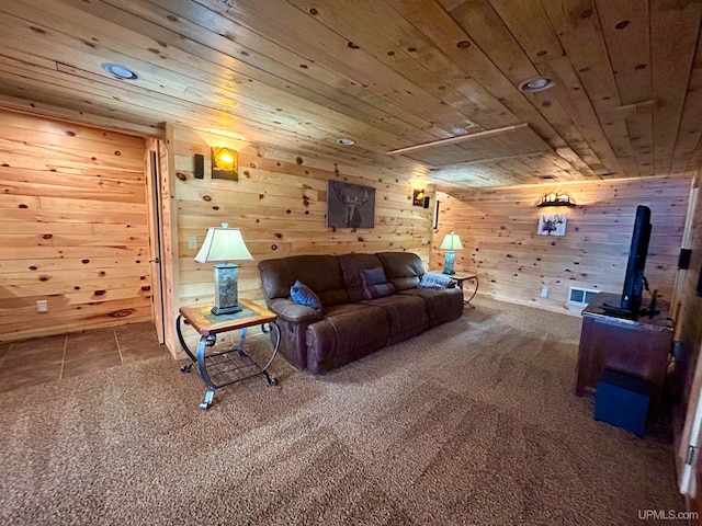 tiled living room featuring wooden ceiling and wooden walls